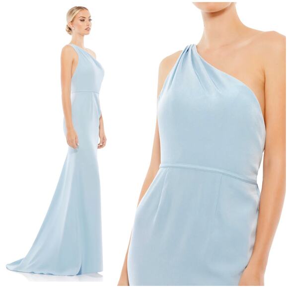 Mac Duggal NWT One Shoulder Jersey Mermaid Gown Powder Blue Size 6 Asymmetrical - Picture 2 of 11